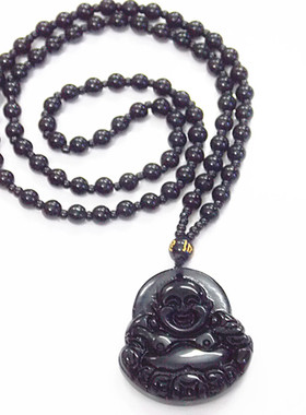 黑曜石六字真言吊坠成品项链佛牌