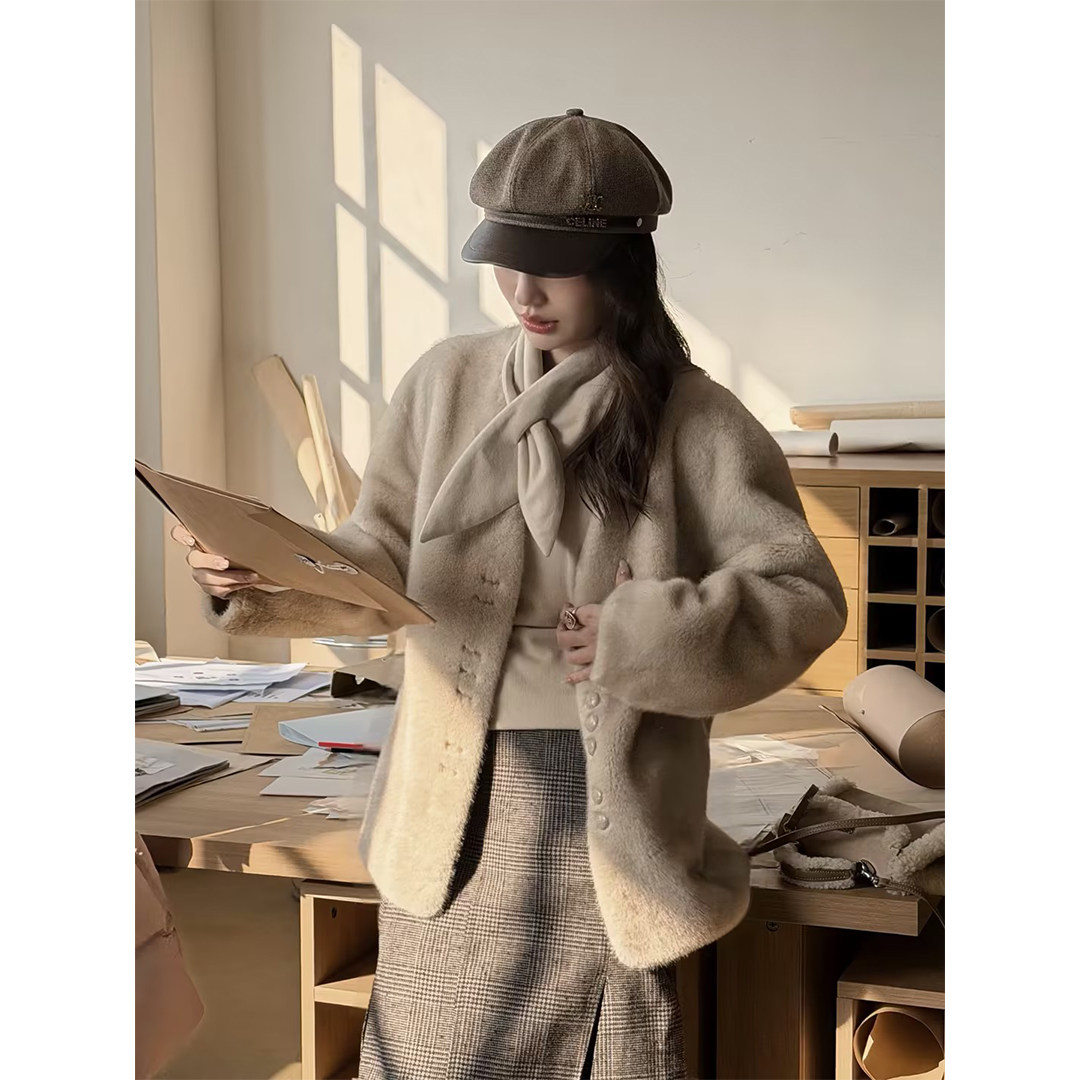 邱莹莹 HELA AOMI “银月霜华”绒感保暖斜方口袋单排扣短外套,淘宝优惠券,粉丝福利购,淘宝优惠卷