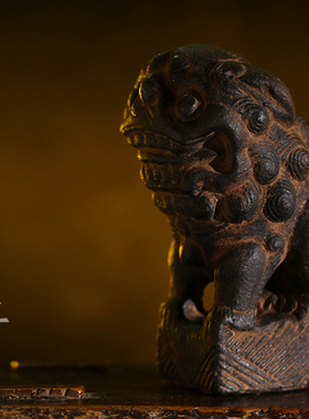 老青石雕中日式清供案头狮子摆件