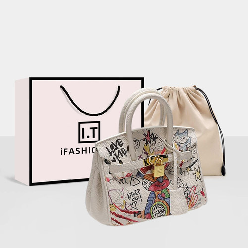 香港专柜轻奢涂鸦铂金包包女2025新款时尚高级感大容量斜挎手提包 - 图2