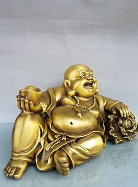纯黄铜弥勒佛家用纯铜白菜笑佛笑口常开财源滚滚笑佛家居饰品摆件