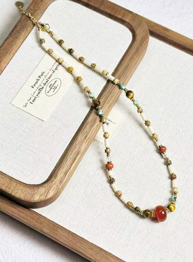 彩色天然石项链高级感猫眼石方形吊坠项链小众叠戴串珠毛衣链