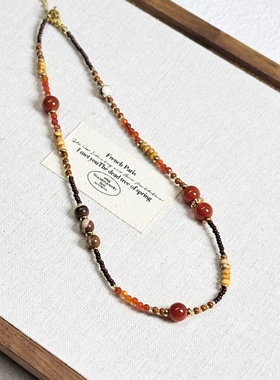 红玛瑙淡水珍珠项链复古小众设计撞色串珠锁骨链高级天然石毛衣链