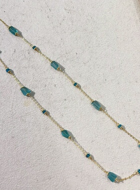 法式14k包金天然蓝磷灰锁骨链