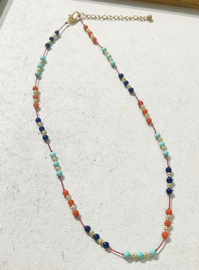 天然青金石南红绿松石中式锁骨链