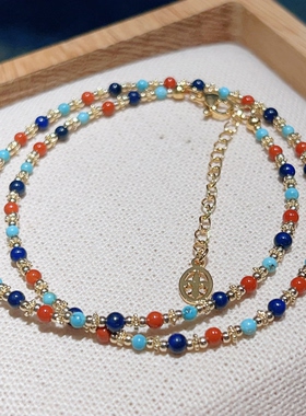 新中式绿松石南红青金石锁骨链