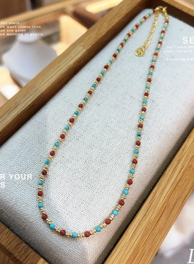 绿松石南红小米珠新中式锁骨链