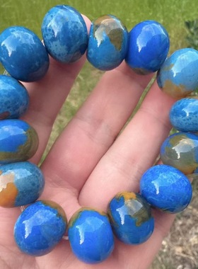地球色蓝玛瑙大颗粒手链老型鼓珠手串天然玛瑙星球星空手链大珠串