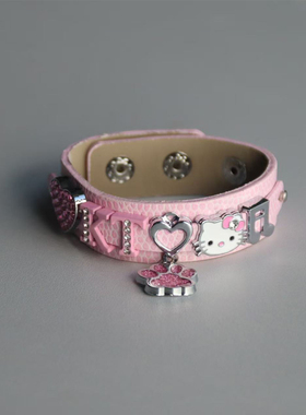 粉色Y2k甜酷辣妹手链涩谷千禧亚文化皮手环小众音乐节情侣配饰