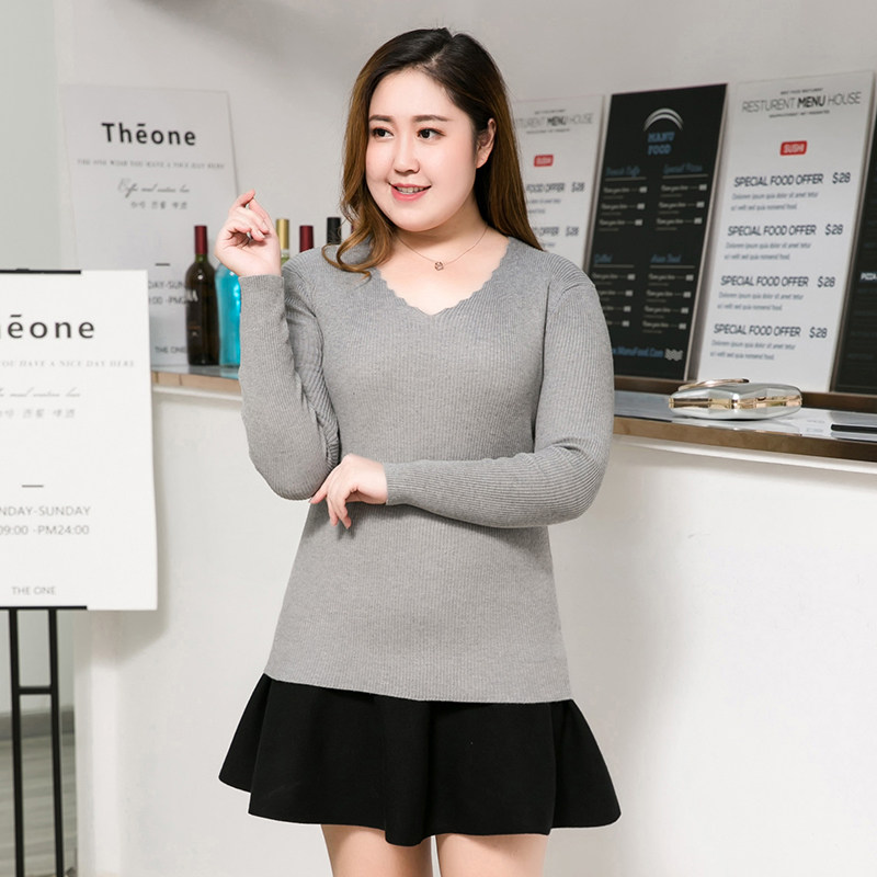 200斤胖妹妹V领大码女装柔软小衫波浪打底衫藏肉显瘦毛衣针织衫潮,淘宝优惠券,粉丝福利购,淘宝优惠卷