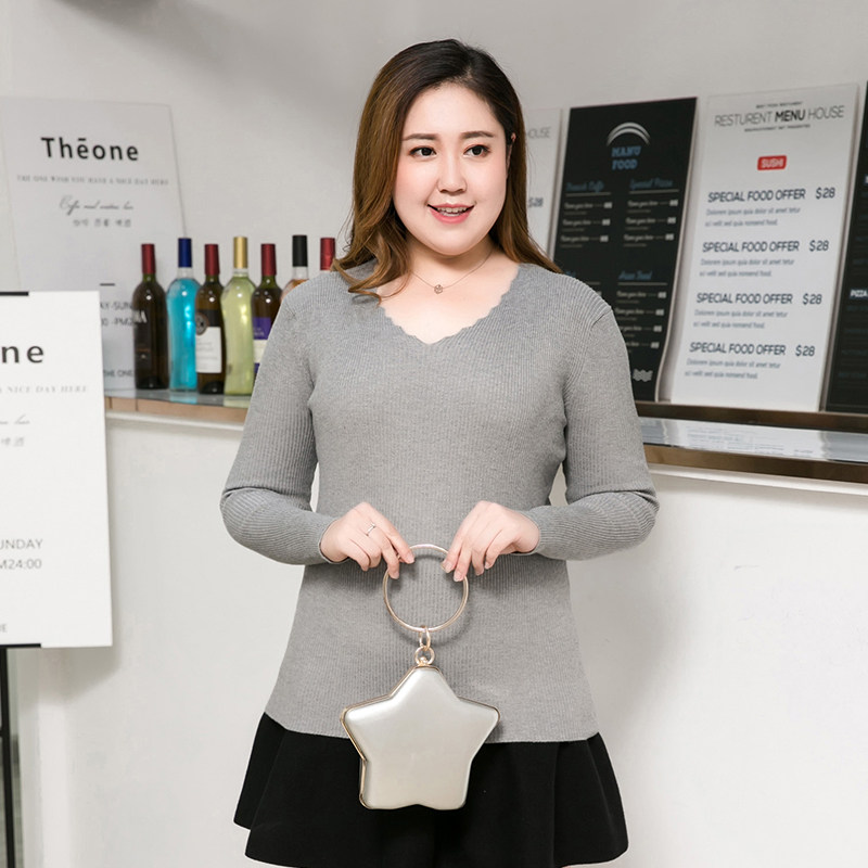 200斤胖妹妹V领大码女装柔软小衫波浪打底衫藏肉显瘦毛衣针织衫潮,淘宝优惠券,粉丝福利购,淘宝优惠卷