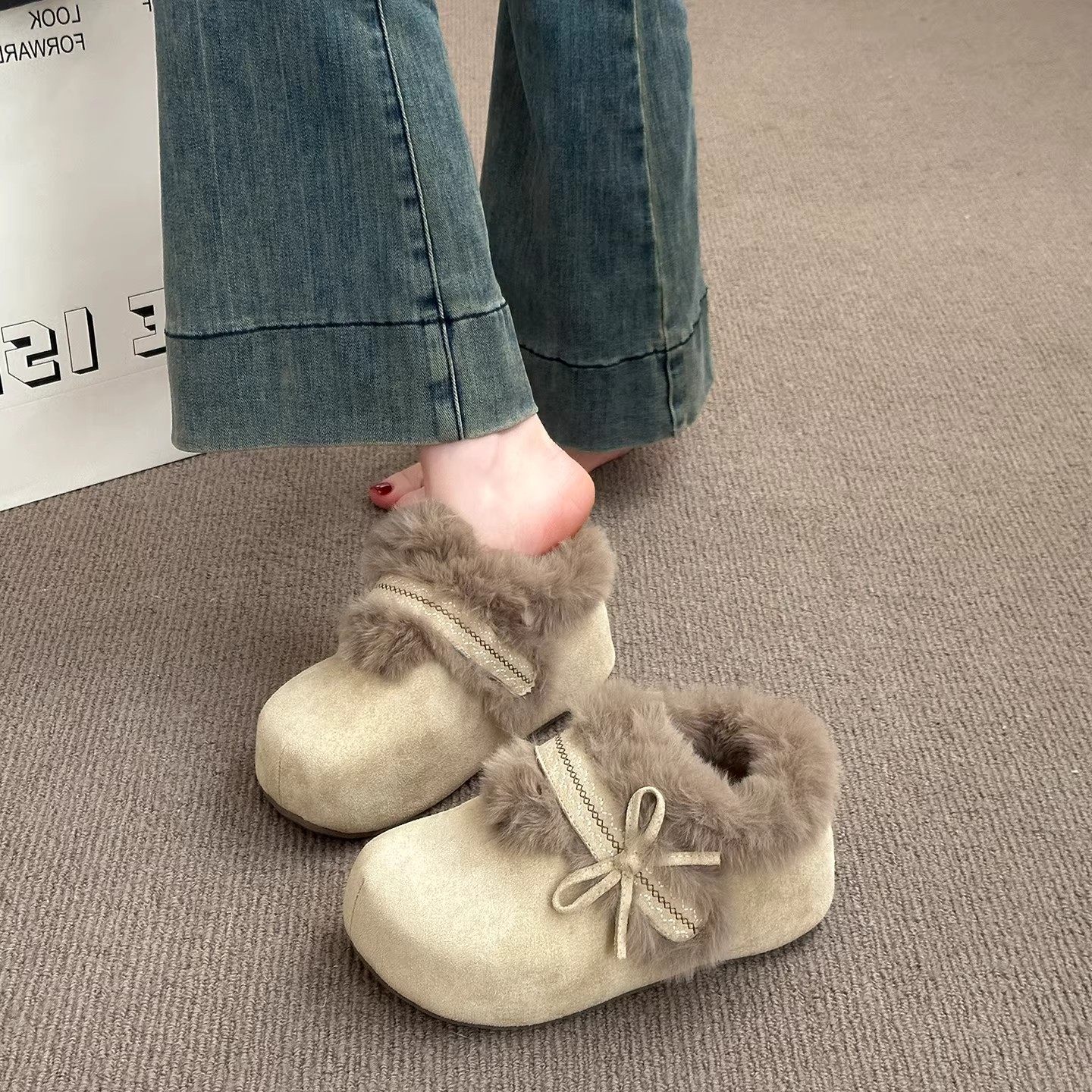 魔术贴小个子厚底毛毛勃肯鞋女2026春冬季新款加绒保暖一脚蹬棉鞋,淘宝优惠券,粉丝福利购,淘宝优惠卷