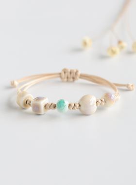 新中式景德镇瓷珠编织手串男陶瓷手链情侣平安扣手绳女学生礼物