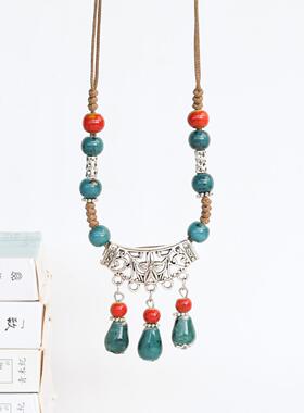 古风配饰民族风陶瓷项链景德镇瓷珠编织毛衣链长款秋冬新款吊坠女