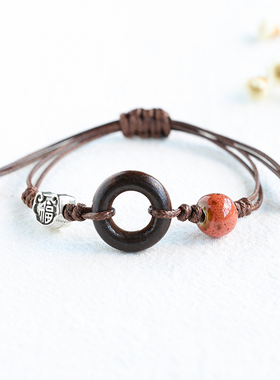 新中式木圈平安扣陶瓷手链女情侣编织手绳民族风景德镇瓷珠手串男