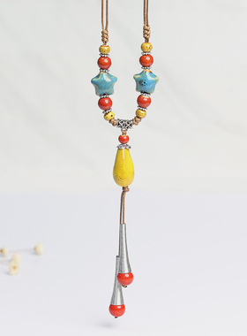 古风汉服旗袍配饰毛衣链女新款民族风景德镇陶瓷吊坠瓷珠串珠项链