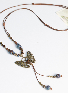 新中式蝴蝶毛衣链女景德镇陶瓷项链复古民族风编织吊坠饰品配饰