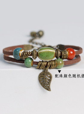 民族风手工编织陶瓷手链女景德镇陶瓷手串男古风国潮花釉手绳手饰