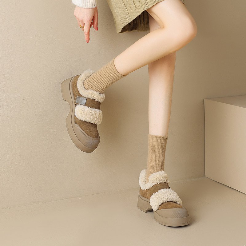 林可可复古真皮厚底毛毛鞋圆头魔术贴乐福鞋女增高加绒雪地靴女,淘宝优惠券,粉丝福利购,淘宝优惠卷