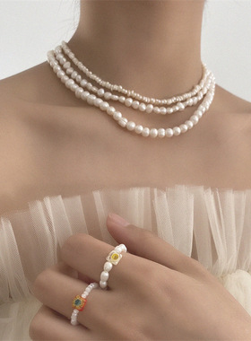 百搭天然珍珠复古多层叠戴项链女 简约小众轻奢锁骨链 批发饰品