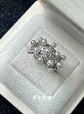 芭家珠宝 都市静奢 复古老钱风日本akoya海水珍珠925纯银开口戒指