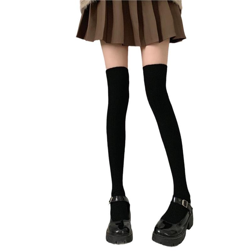 秋冬黑色压力长筒袜女灰色jk过膝袜日系半截高筒大腿袜坑条长袜子 - 图3