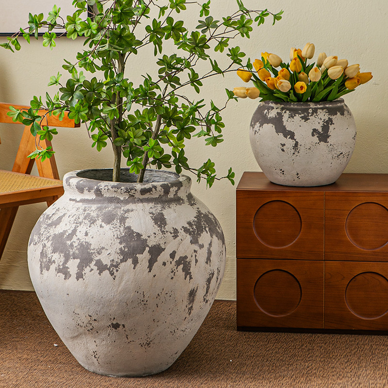 复古花壶瓶老式土陶罐镁泥花盆花器民宿侘寂风黑金刚落地装饰摆件,淘宝优惠券,粉丝福利购,淘宝优惠卷