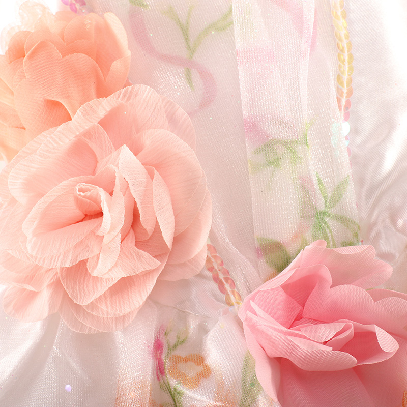 夏季童装 女童白底粉色花多层柔软纱长袖连衣裙公主裙 欧美单6E42