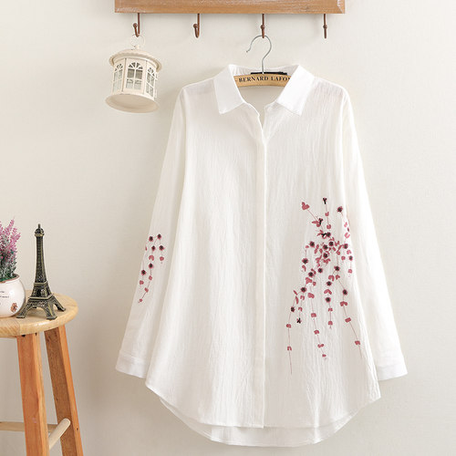 大码女装2025胖mm秋装棉麻衬衫女宽松大码长袖绣花衬衣中长款上衣 - 图2