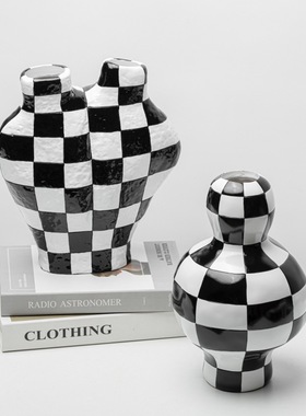 高端现北欧创意黑白格子树脂花花器软装客厅茶几软装家居饰品配搭