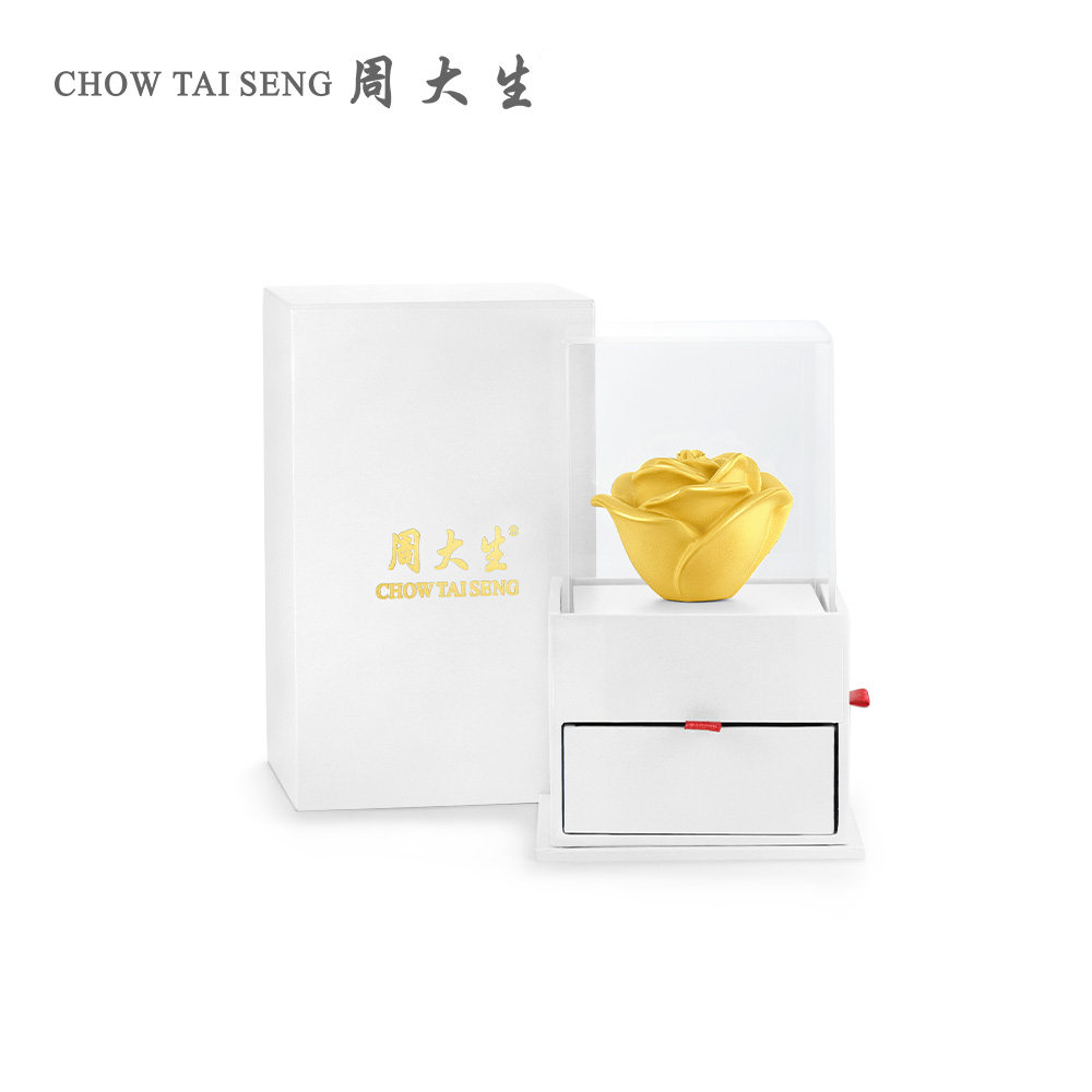 周大生绒沙金摆件告白蛋糕小熊玫瑰工艺品礼盒款送女友节日礼物