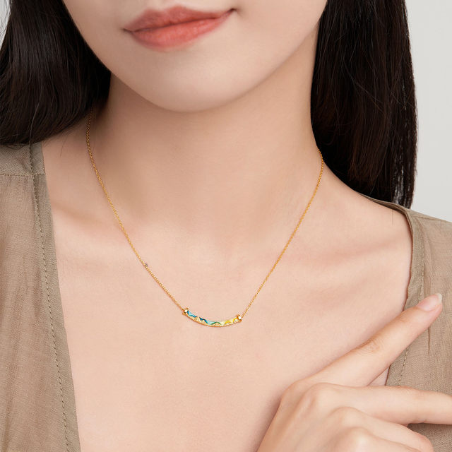 Zhou Taisheng National Treasure Co-branded | Qianli Jiangshan Gold Necklace Women's Pure Gold Alluring Smile Set Chain Pendant