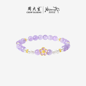 周大生莫奈联名黄金镶玉足金紫水晶珍珠桃花手串女串珠生日礼物