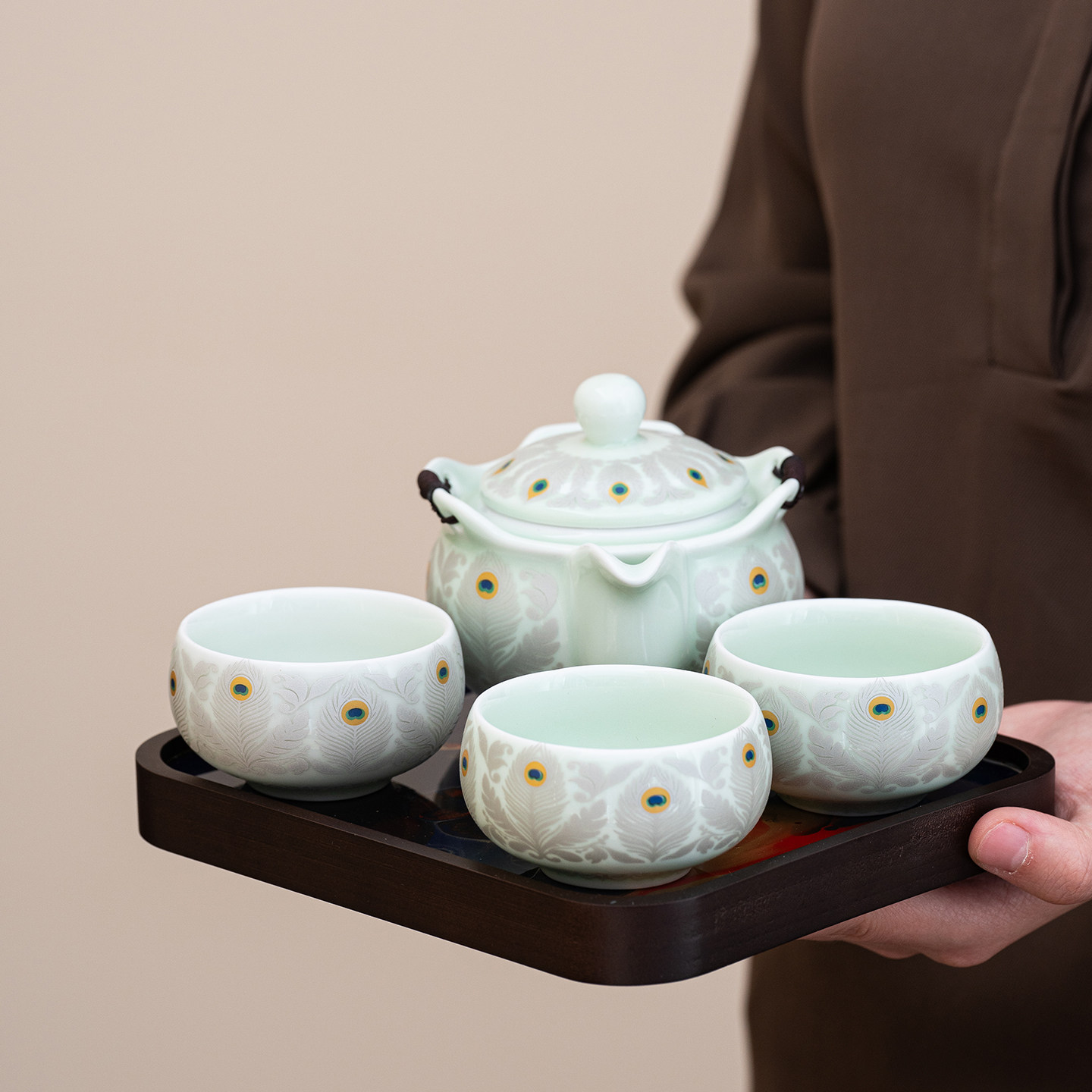 旅行茶具一壶三杯便携式快客杯户外露营茶壶茶杯带手绘仿大漆茶盘,淘宝优惠券,粉丝福利购,淘宝优惠卷