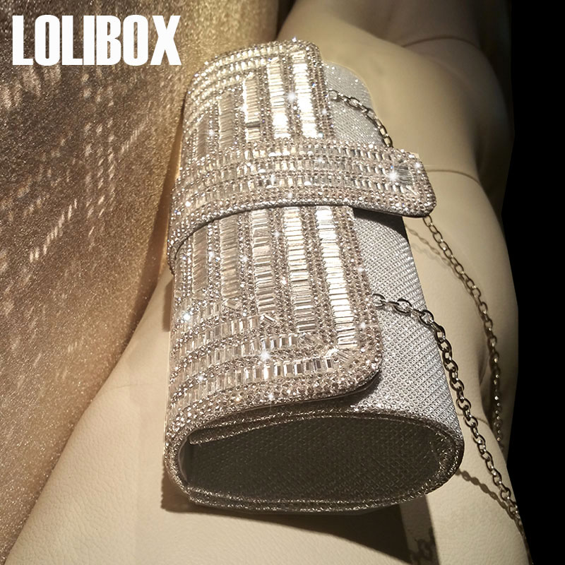LOLIBOX定製新品水鑽閃光女手拿包鏈條斜跨晚宴禮服包新娘宴會包