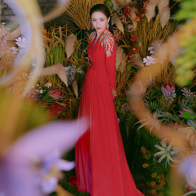 敬酒服新娘2025新款结婚红色春夏长款大气订婚回门高端宴会晚礼服 - 图0