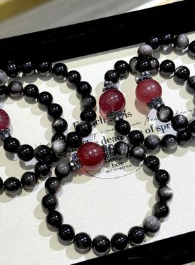 新品原创天然顶珠银耀石黑曜石单圈手链男女手串礼物饰品