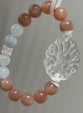 天然白水晶九尾狐搭配金太阳石海蓝宝单圈手串 白水晶许愿狐