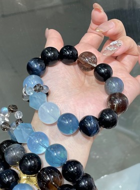 天然水晶海蓝宝蓝晶石灰月光石手串手链原创小众设计男女送礼