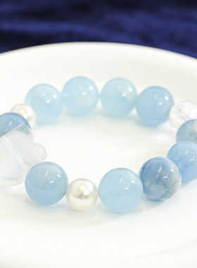 【碧波】高货天然海蓝宝白水晶手串女款时尚贝珠狐狸手链