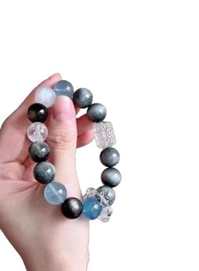 天然鹰眼石海蓝宝水晶手链白水晶回纹珠月光石配珠多宝水晶手串