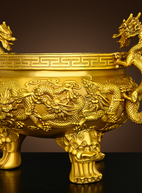 纯黄铜九龙香炉摆件三足双龙香炉