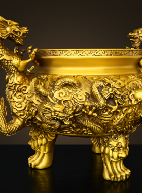 黄铜九龙双耳三足香炉祠堂寺庙供