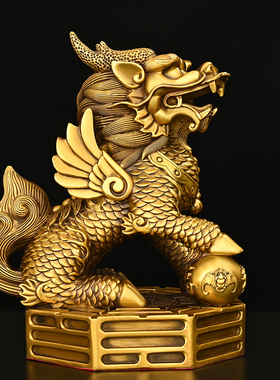 纯黄铜八卦麒麟摆件一对客厅公司