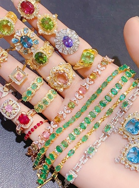 s925纯银镶嵌天然祖母绿红宝石蓝宝石金绿宝石尖晶石时尚百搭饰品