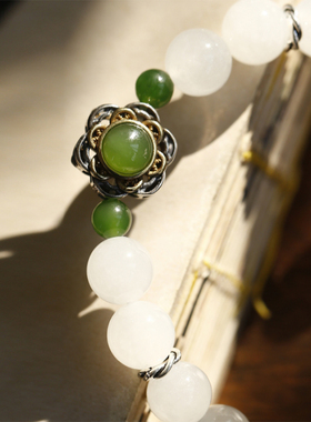 和田白玉软语新中式纯银镶碧玉