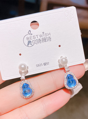 实拍【高品质】厚银福禄蓝色百搭气质耳环女新中式感复古耳钉饰品