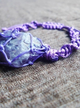 福百瑞珠宝天然墨紫绿萤石水晶原石手编螺旋纹复古美搭蜡绳手链