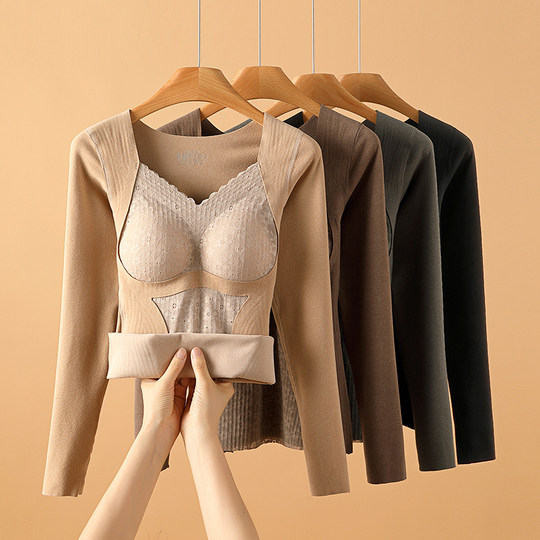 DeRong thermal underwear women's padded bra all-in-one plus velvet thickened long-sleeved seamless inner layering top for autumn and winter