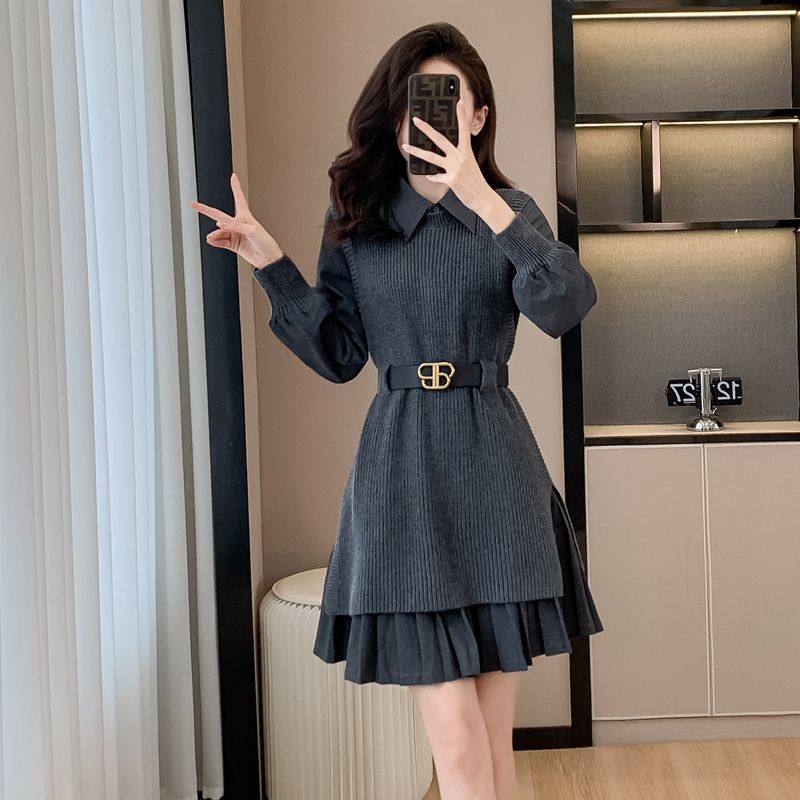 法式针织连衣裙新款女装收腰赫本风气质款两件套网红款打底毛衣女,淘宝优惠券,粉丝福利购,淘宝优惠卷